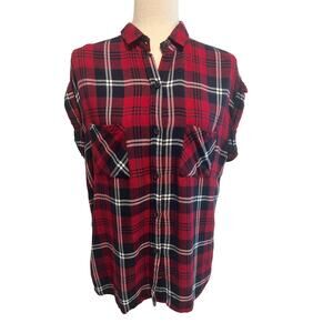 Rails Brit Short Sleeve Flannel Collared Shirt Red Navy Blue White Size Small